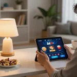 Person enjoying bk8 online casino on tablet in cozy living room setting.