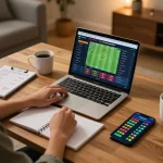 Hitclub online gaming setup with laptop displaying sports betting app and strategic notes, cozy atmosphere.