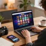 Pemain berinteraksi dengan kasino online HD4D di laptop sambil mencatat strategi di kantor rumah yang nyaman