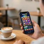 Muatturun aplikasi Mega888 di telefon pintar di kedai kopi, memaparkan grafik permainan slot yang berwarna-warni.