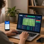 Person placing live bets on the sky88 platform from home office, engaging in strategic sports betting.