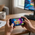 IWIN68 player engaging on smartphone showcasing vibrant casino graphics in a cozy home setting
