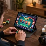 Engaging online gaming experience with Say88 app showcasing vibrant poker gameplay in a cozy home office.