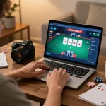 Playing poker online with link alternatif strategy in cozy home setting, showcasing focus and engagement.