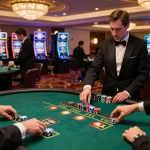 Engaging gameplay at 888VI casino with players placing bets at poker tables and vibrant slot machines.