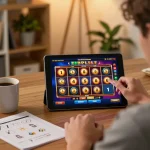 Pemain Bintangmpo menikmati permainan slot di tablet di rumah, menekankan permainan yang strategis.