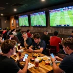 Kết quả bóng đá displayed on multiple screens as fans engage in sports betting at a lively sports bar.