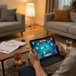Engaged player enjoying Hitclub online casino gaming on tablet with strategy notes.