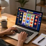 Player engages with slot gacor game on laptop, showcasing vibrant interface and betting strategy.