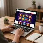 Engaging online gaming session on OKFUN with colorful slot interface at home.