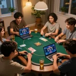 Friends enjoying an online poker game at Jilipinas casino from their home, exemplifying a lively social atmosphere.