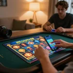 Engaging in online gaming with the megaplus88 app on a smartphone at home in a cozy atmosphere