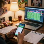 Engaging scene of a person checking kèo nhà cái with a smartphone, surrounded by sports betting slips and drinks.