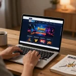Engaged player using nhà cái 8xbet online casino interface on a laptop in a cozy home setting.