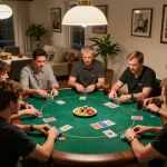 Players enjoying a home poker night experience with NK88, engaged in an intense game.