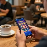 Pemain terlibat dalam permainan slot di aplikasi emaqq sambil menikmati kopi di kafe.