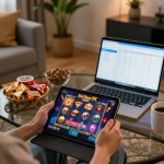 Engaging player exploring Slot Depo 5K with tablet in a cozy gaming setup at home