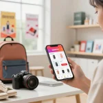 Engaging shopping experience with DEWI123 app displayed on smartphone among vibrant retail setting.
