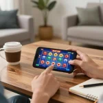 Engaging in mobile gaming on a situs slot gacor app, showcasing winning strategies in a stylish home.