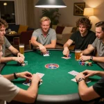 Friends enjoying a lively poker game featuring iwin club strategies and intense competition around a green felt table.