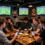 Pelanggan dengan antusias mengikuti Live Score mereka saat bertaruh pada olahraga di sebuah bar olahraga yang ramai
