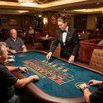 king33 players engaged in thrilling roulette game at an upscale casino setting