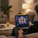 Engaged player enjoying okwin casino games on a sleek laptop in a cozy home setting.