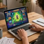 LIGA2000 player engaging with colorful online slot game at home, showcasing gaming strategy.