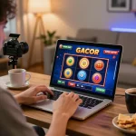 Engaging with an exciting slot gacor game on a laptop in a cozy home setting.