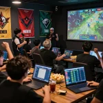 Dota 2 betting action in a lively esports lounge with fans engaged in real-time betting and matches.