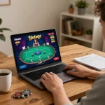 Bl555 player enjoying online poker with strategy notes in a cozy home setup