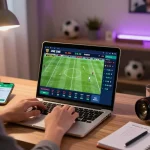 Betting on live football match through UU88 platform on modern laptop, capturing action and strategy.