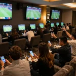 Engaged sports bettors celebrating a winning bet at TG88, surrounded by multiple screens showing live events