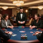 KJC poker players engage in a high-stakes game in an upscale casino setting, surrounded by luxury decor