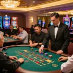 Players engaging in strategic gameplay at a vibrant Tập đoàn okwin casino floor, showcasing a lively gaming atmosphere.