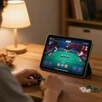 Bangsawan88 online gaming experience showcasing a player engaged in poker strategy in a cozy home setup.