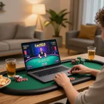 Pemain Leci123 terlibat dalam permainan kasino online di laptop dalam lingkungan rumah yang nyaman.
