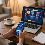 Person engaging with kkwin casino app on smartphone in a cozy home environment.