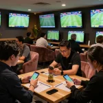 Patrons in sports betting lounge analyzing stats on devices, engaging with lv88seo platforms