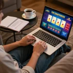 Kuwin gaming session with a laptop showing vibrant casino interface and strategy notes.