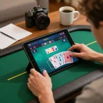 CM88 player engaging in online poker strategy with a tablet in a cozy setting, highlighting responsible gambling.
