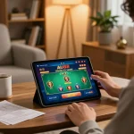 Engaging with AU88 online casino app on tablet in a cozy home environment.