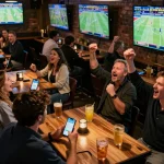 Patrons engaging in competitive sports betting at a vibrant sports bar with screens on steaksnlobsters