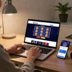 BL555 player engaging in online slots at home, highlighting a strategic gaming environment.