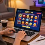 Permainan yang menarik di platform kasino online MPO777 dengan laptop yang menampilkan slot yang cerah