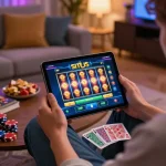 Engaged player exploring situs slot games on tablet in cozy home setting