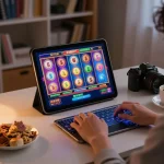 Player enjoying bem88l slot games on a tablet in a cozy gaming setup