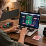 Enjoying a strategic gaming session on 98winlive, with a cozy home office setup featuring a laptop and gaming accessories.