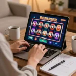 Engaging in online slots at home with a tablet showing dinamit4d slots, cozy atmosphere with personal touches.