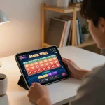 Pemain yang terlibat dalam permainan bandar togel di tablet dalam suasana rumah yang nyaman, menunjukkan perjudian interaktif.